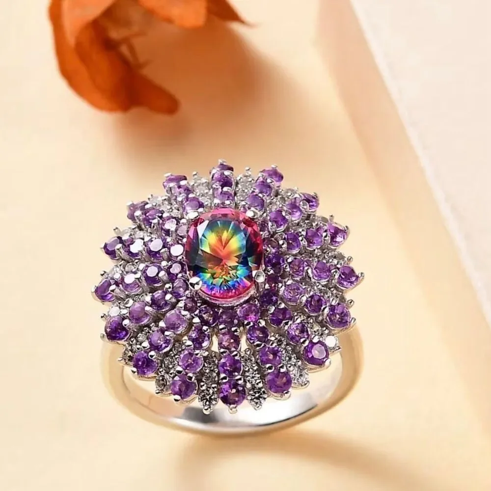 Nebula Quartz Doublet and Multi Gemstone 3.40 ctw Galactic Bloom Sterling Ring 7
